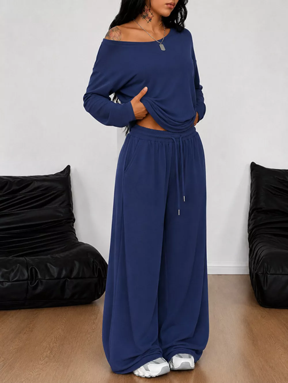 Full Size One-Shoulder Top and Drawstring Pants Set Plus Size, image 4