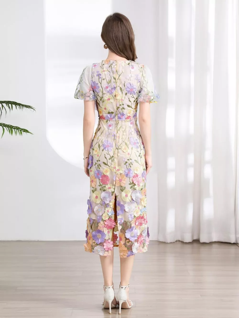 Floral Embroidered Puff Sleeve Midi Dress, image 6