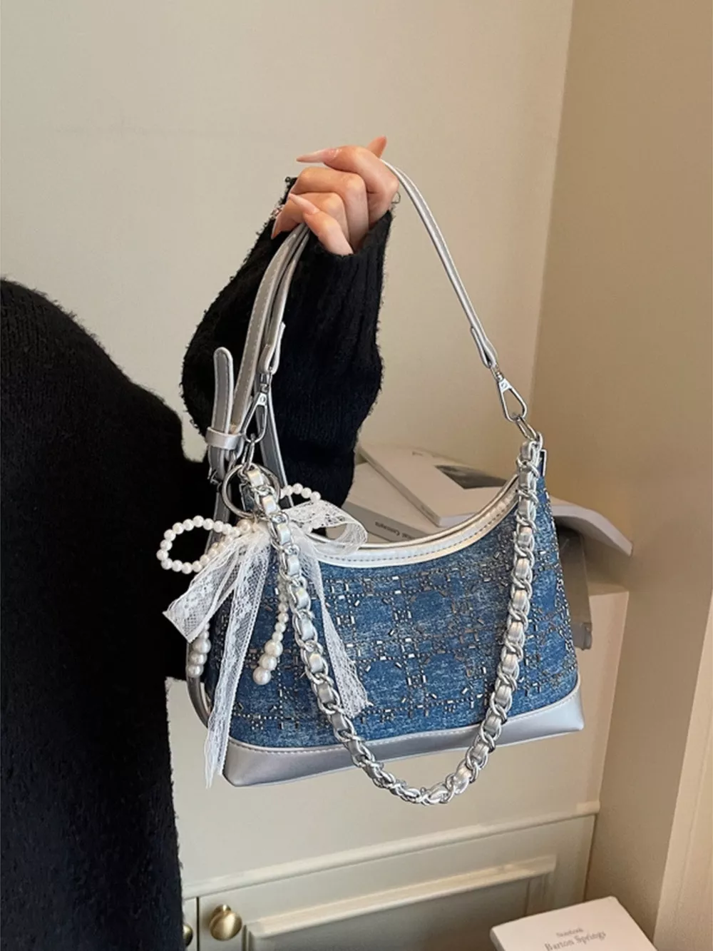 Tweed Pearl Decor Crossbody Bag, image 2