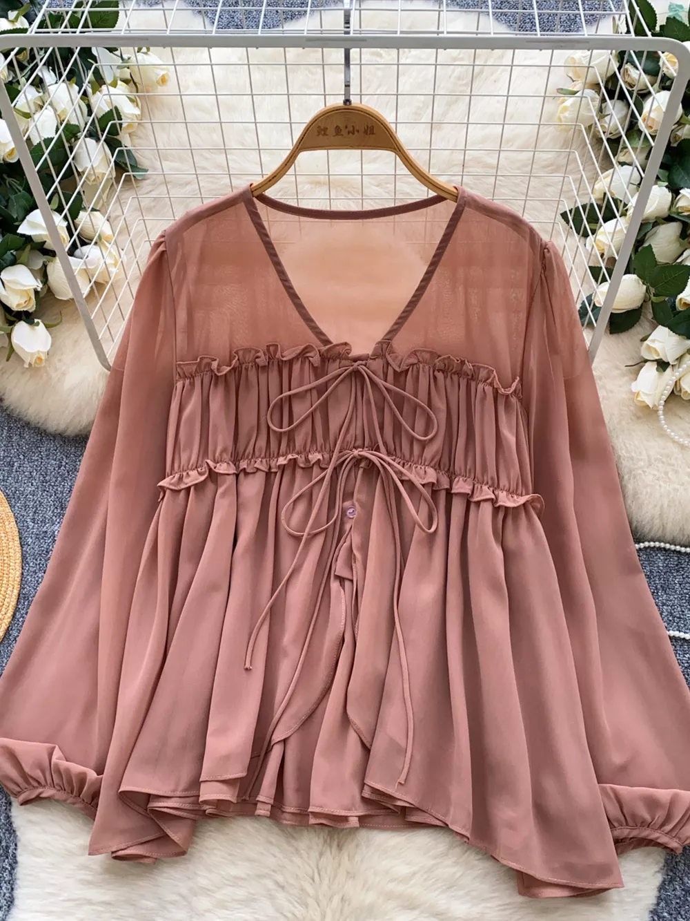Ruffle Tie-Front Chiffon Blouse, image 5