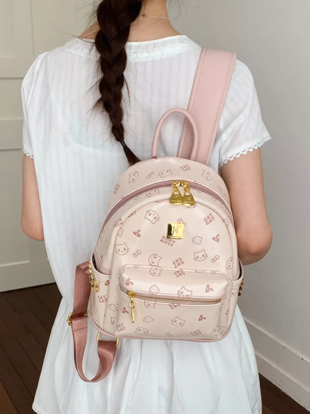 Cartoon Pattern Backpack Bag with Bear Pendant, image 2