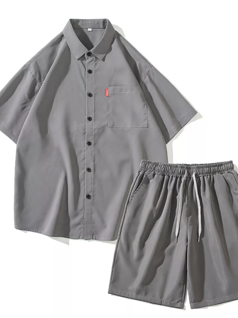 Men's Plus Size Casual Solid Color Shirt & Shorts Set, image 2