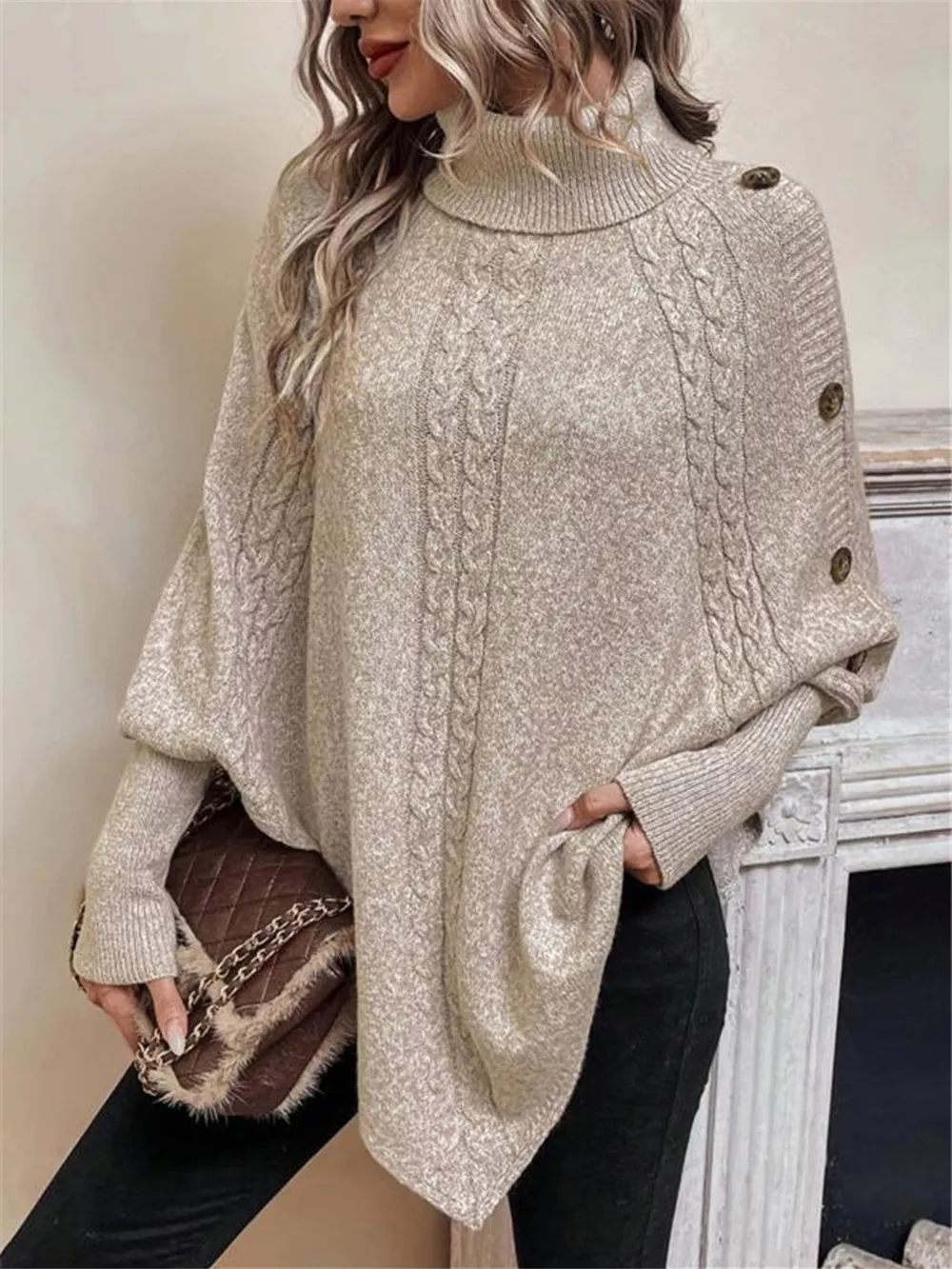Cable Knit Turtleneck Cape Sweater, image 5