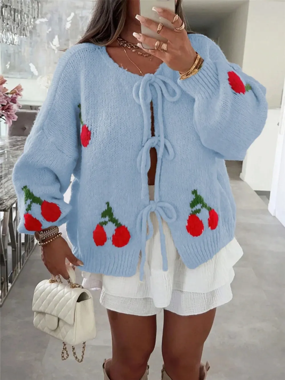 Cherry Pattern Tie-Front Oversized Cardigan, image 5