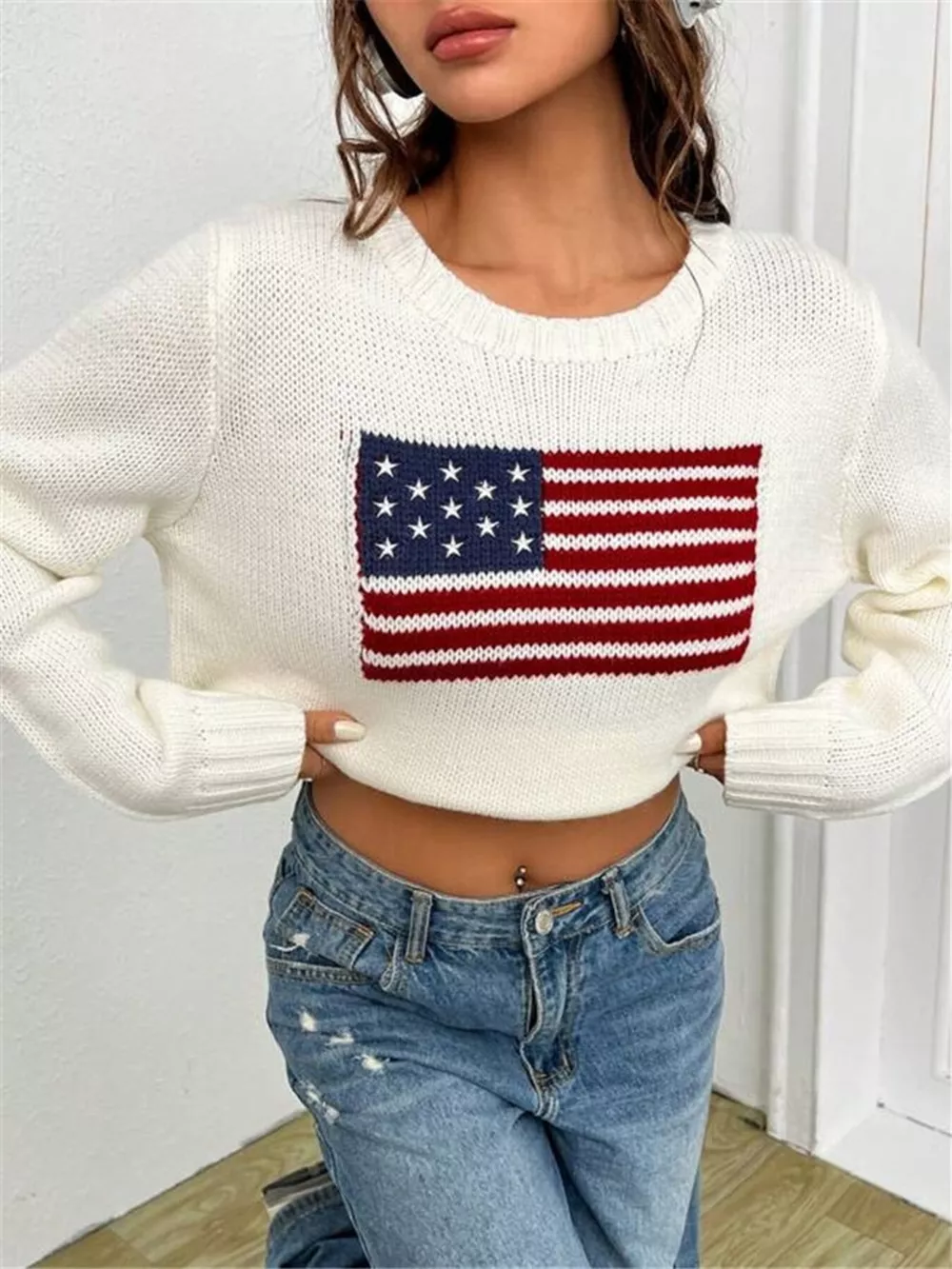 US Flag Round Neck Long Sleeve Sweater, image 3