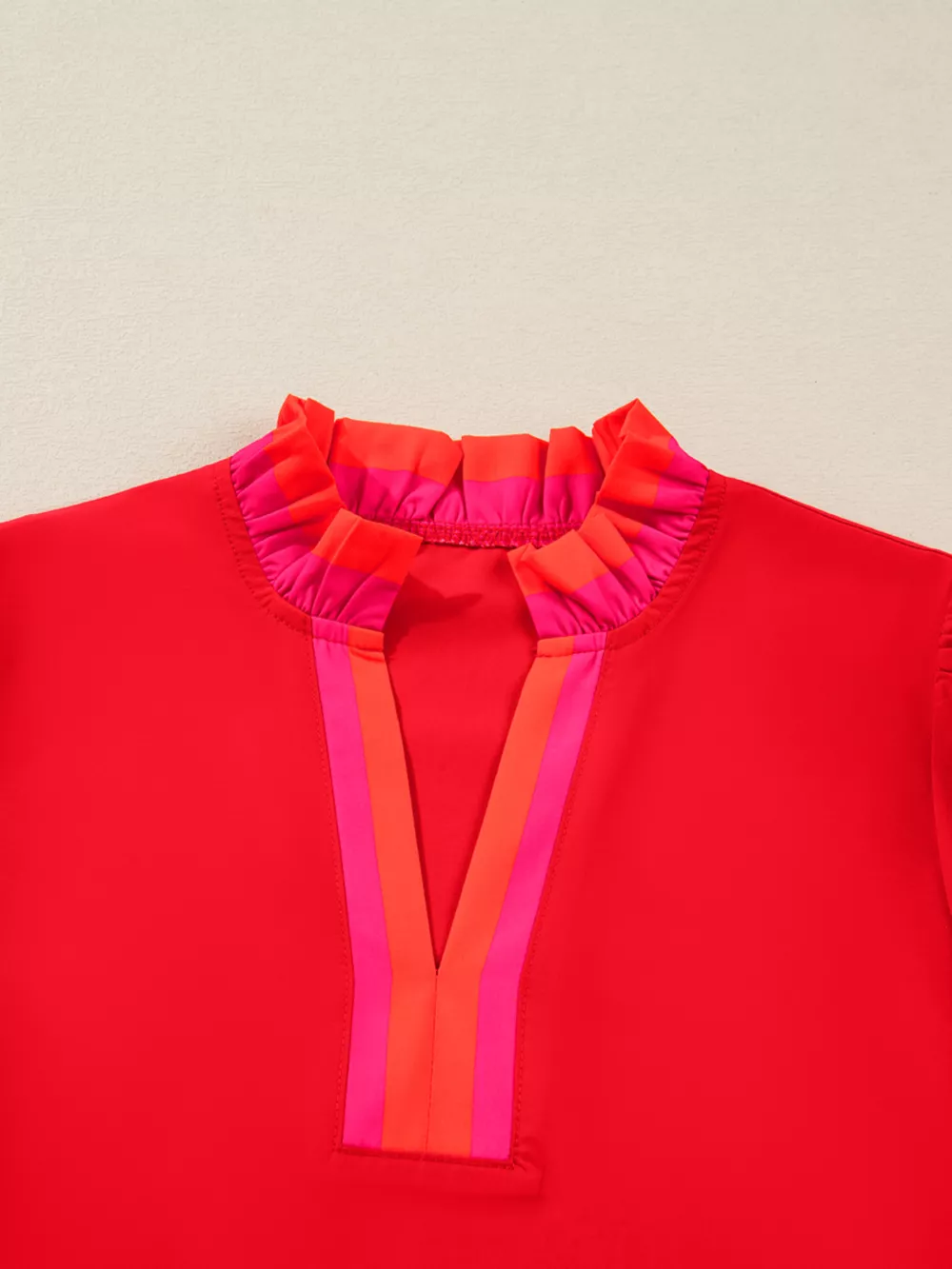 Striped Trim Ruffle Split Neck Long Sleeve Blouse, image 3