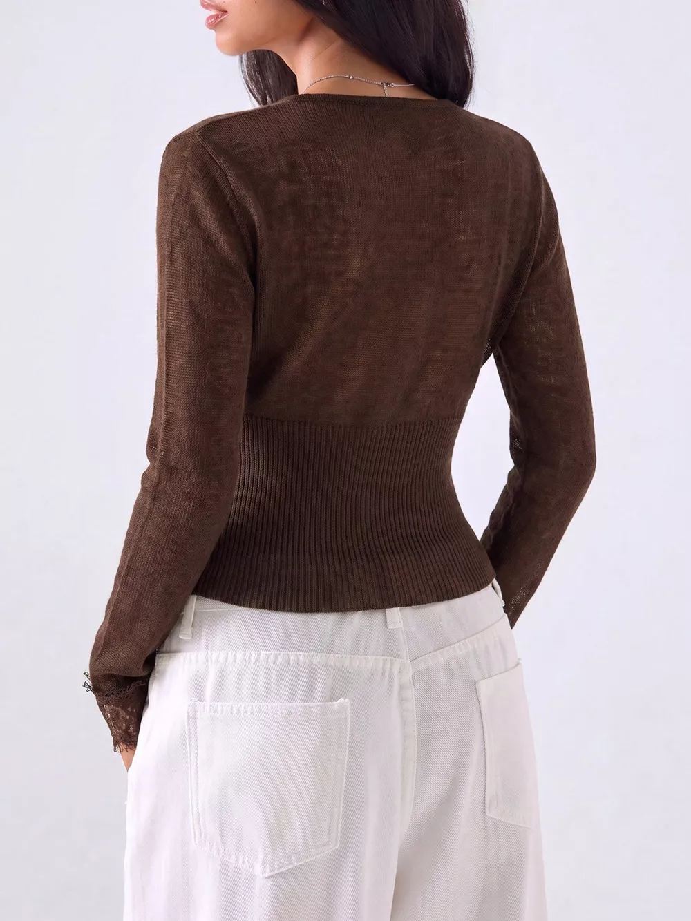 Lace-Trimmed V-Neck Button-Down Cardigan, image 11