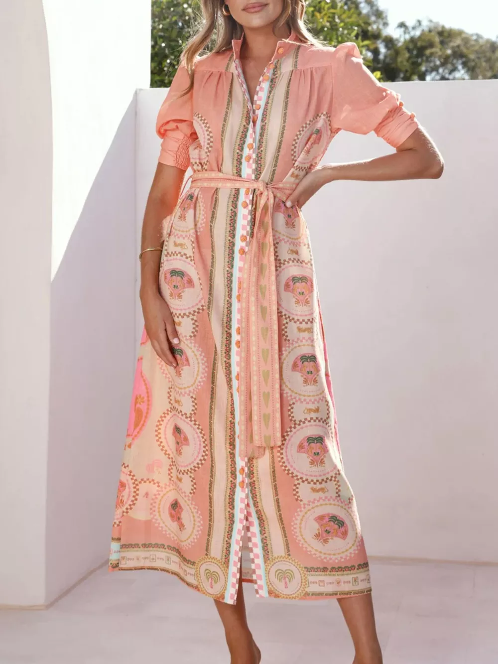 Printed Puff Sleeve Tie Waist Midi Dress, image 4