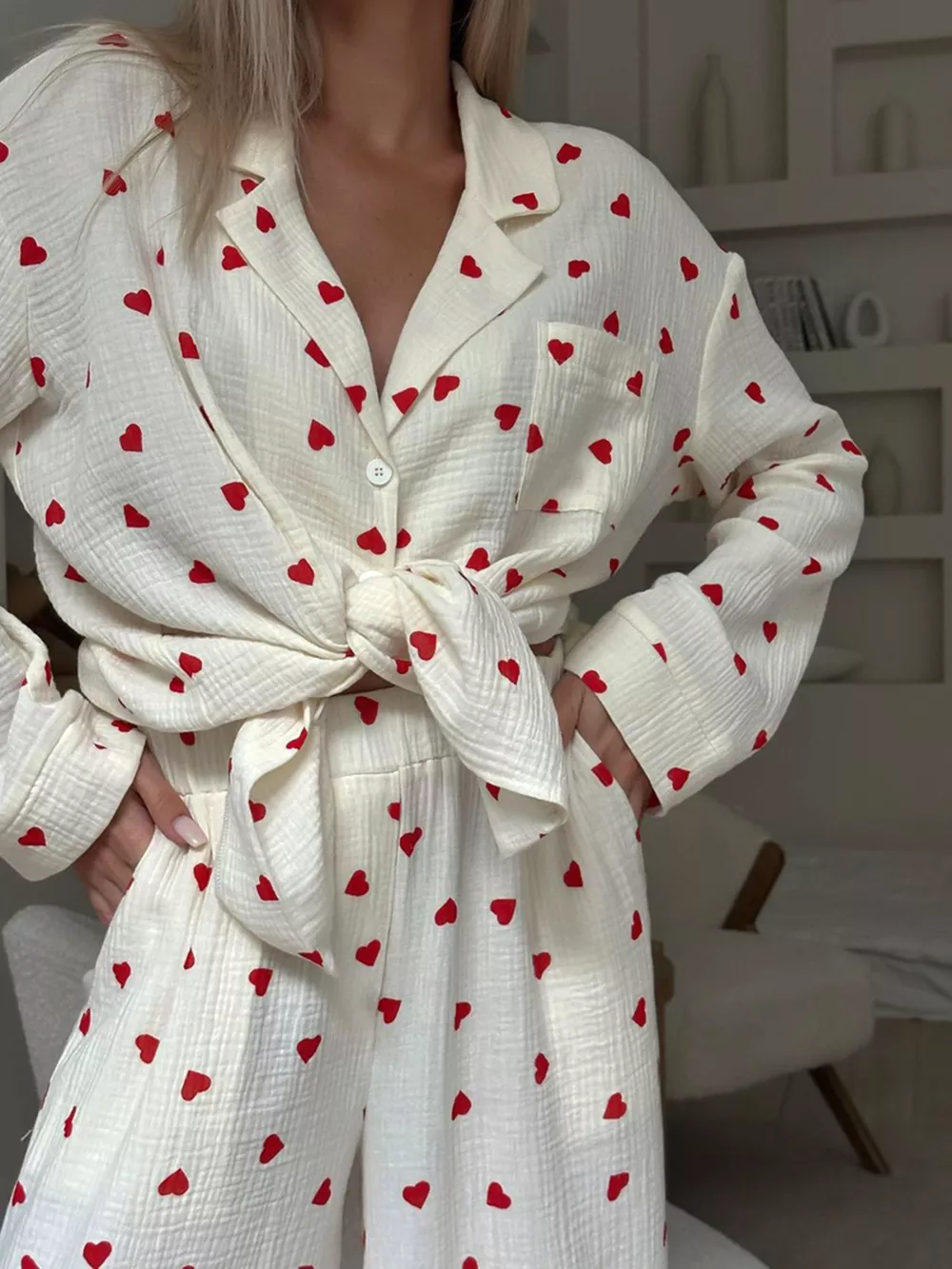 Heart Print Button Up Top and Pants Lounge Set, image 4