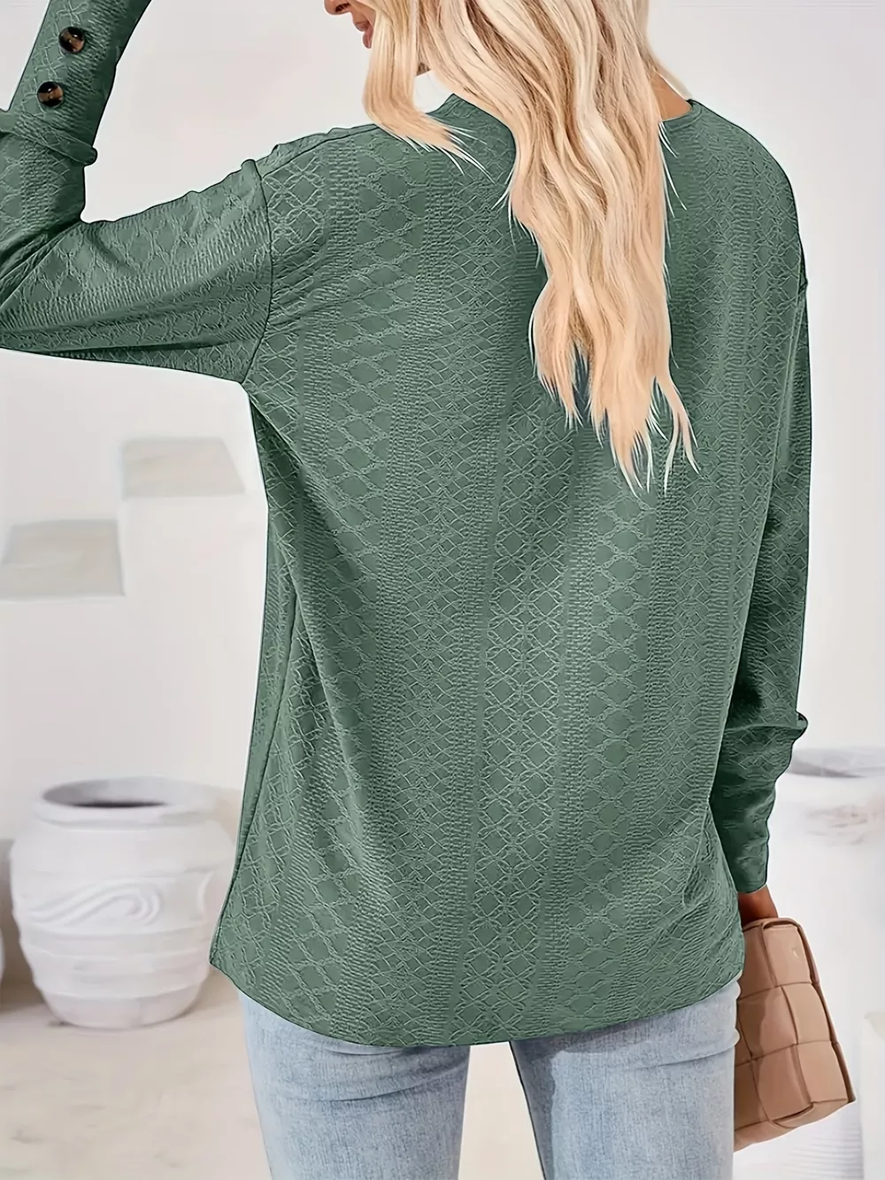 Plus Size V-Neck Textured Long Sleeve T-Shirt, image 13