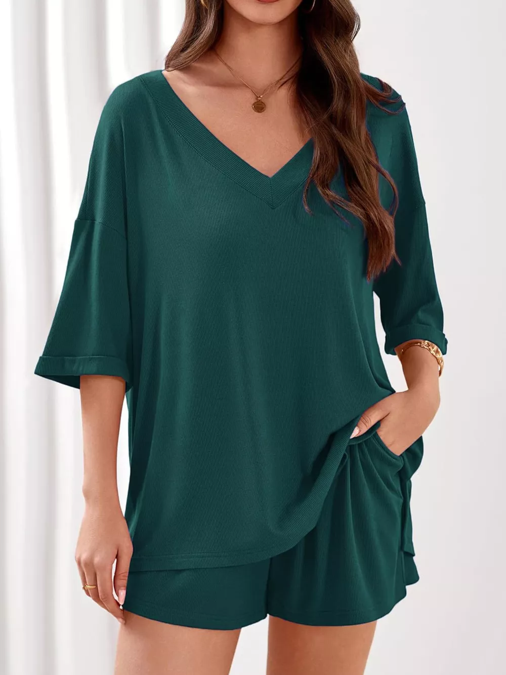 Casual Solid Color V-Neck Top & Shorts Set, image 32