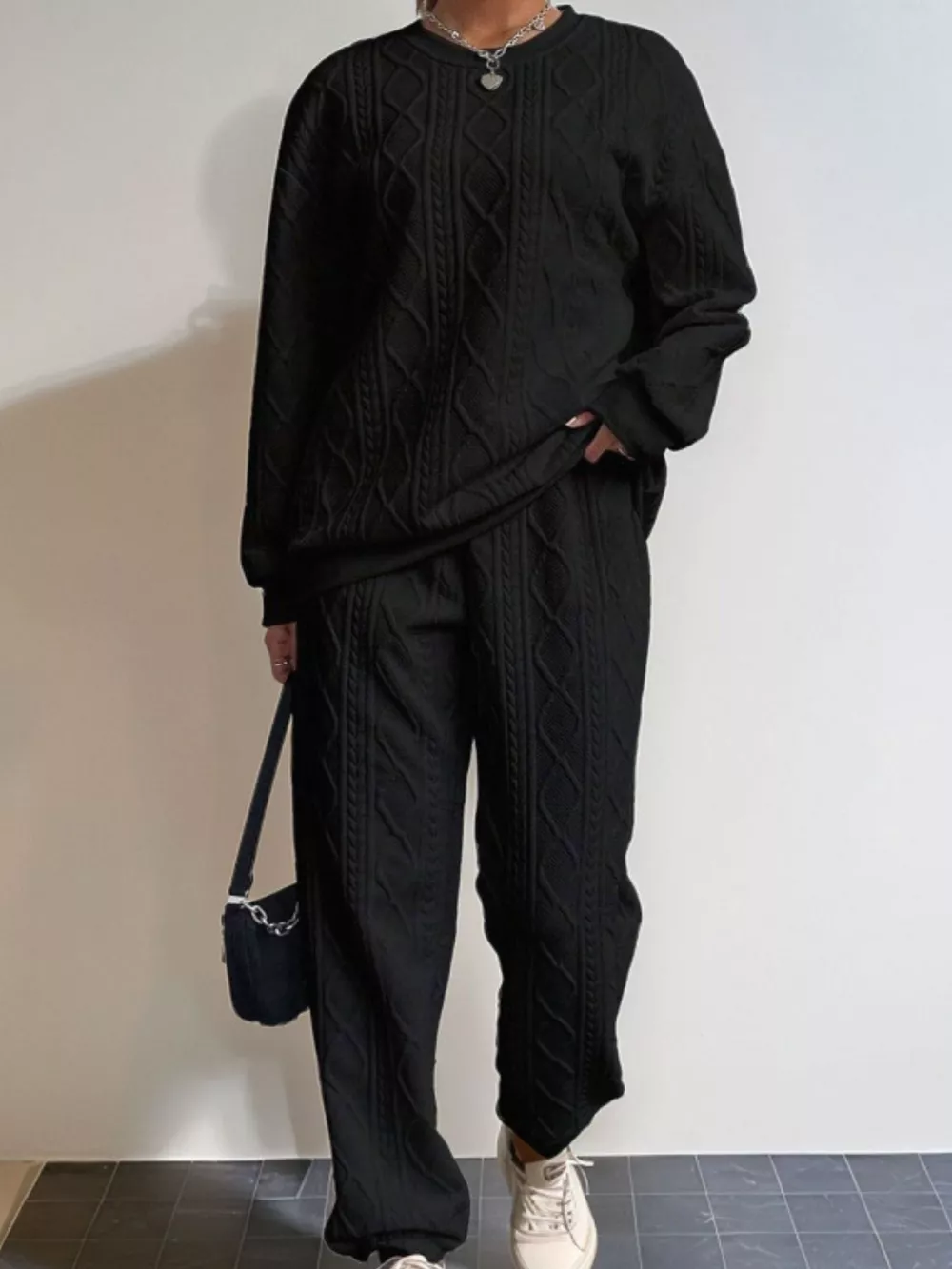 Texture Round Neck Top and Pants Set, image 7