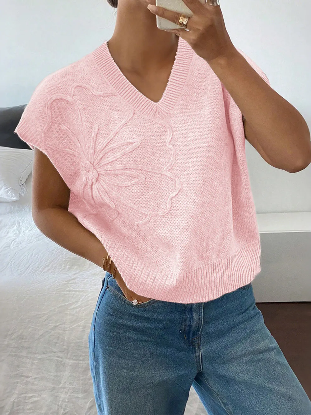 Ribbed Hem V-Neck Short Sleeve Sweater, image 11