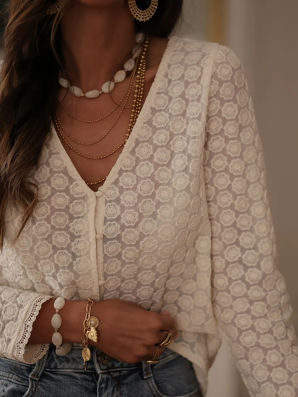 Lace Button Up Long Sleeve Shirt, image 3