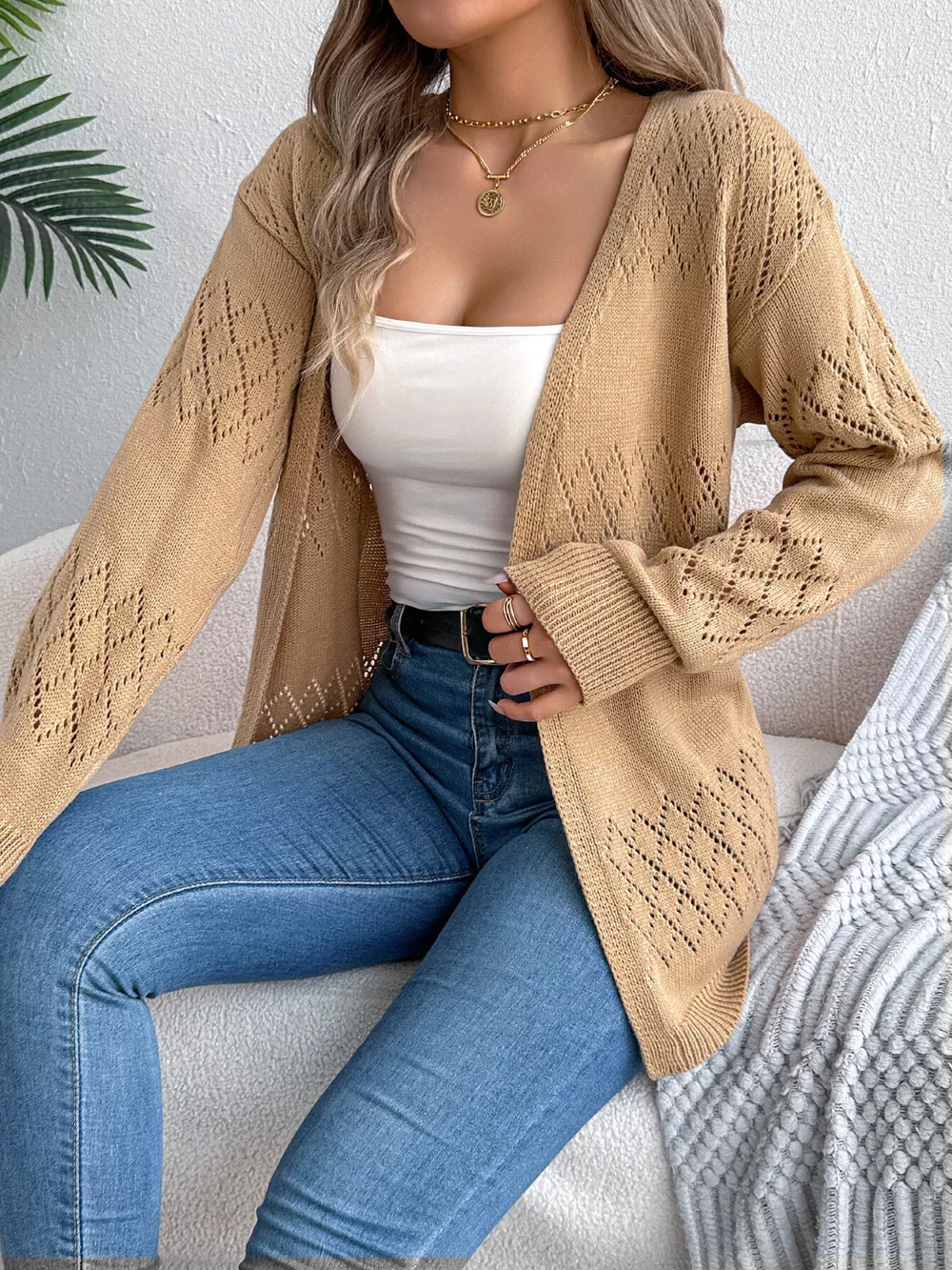 Openwork Open Front Long Sleeve Cardigan, image 2