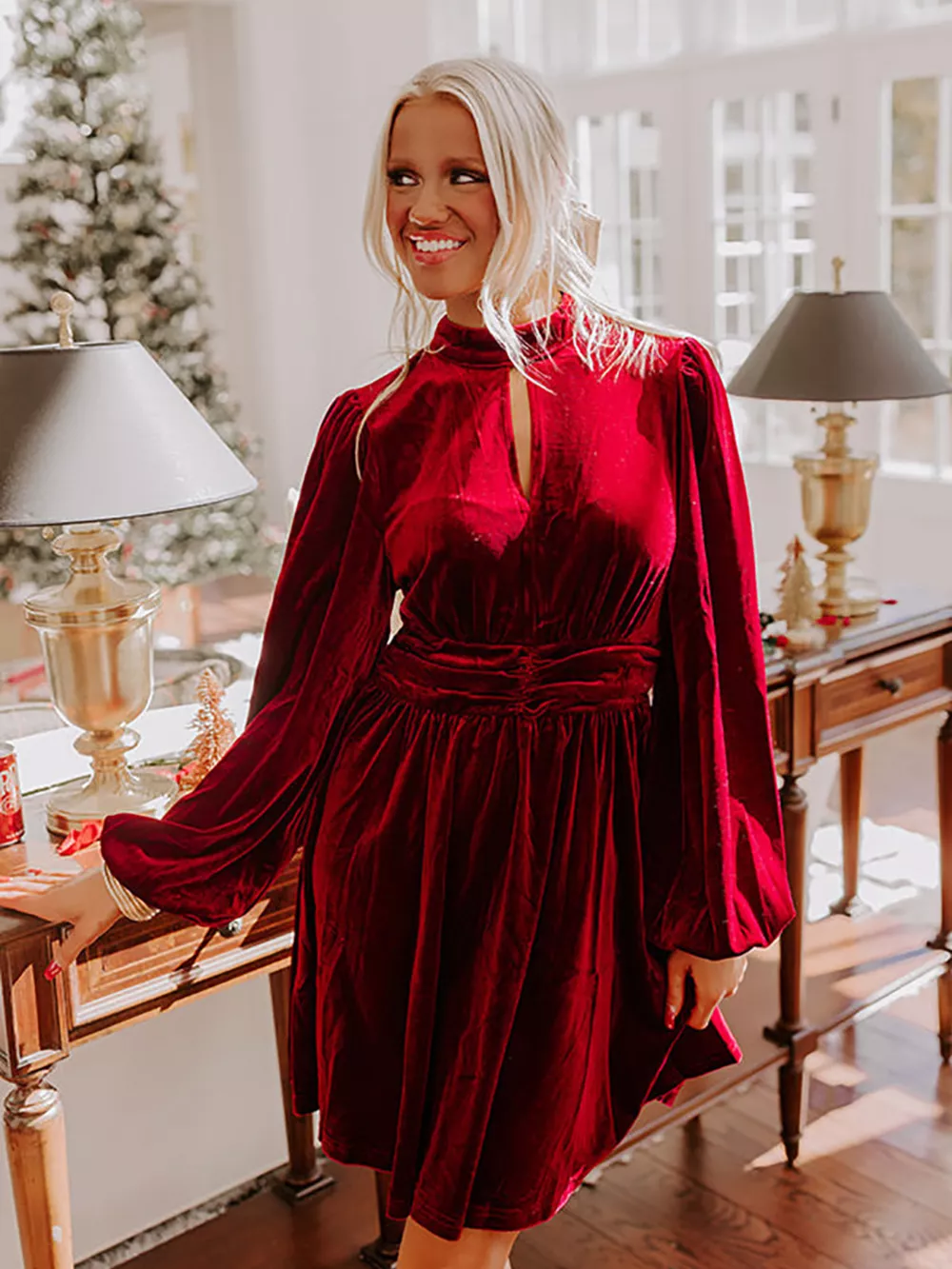 Velvet Mock Neck Balloon Sleeve Dress, image 14
