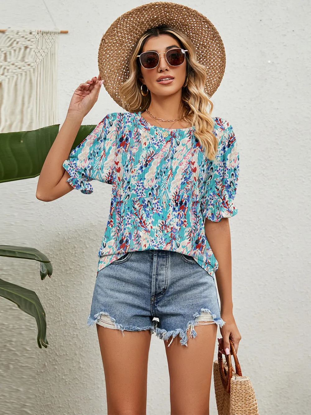 Printed Puff Sleeve Casual Blouse, image 11