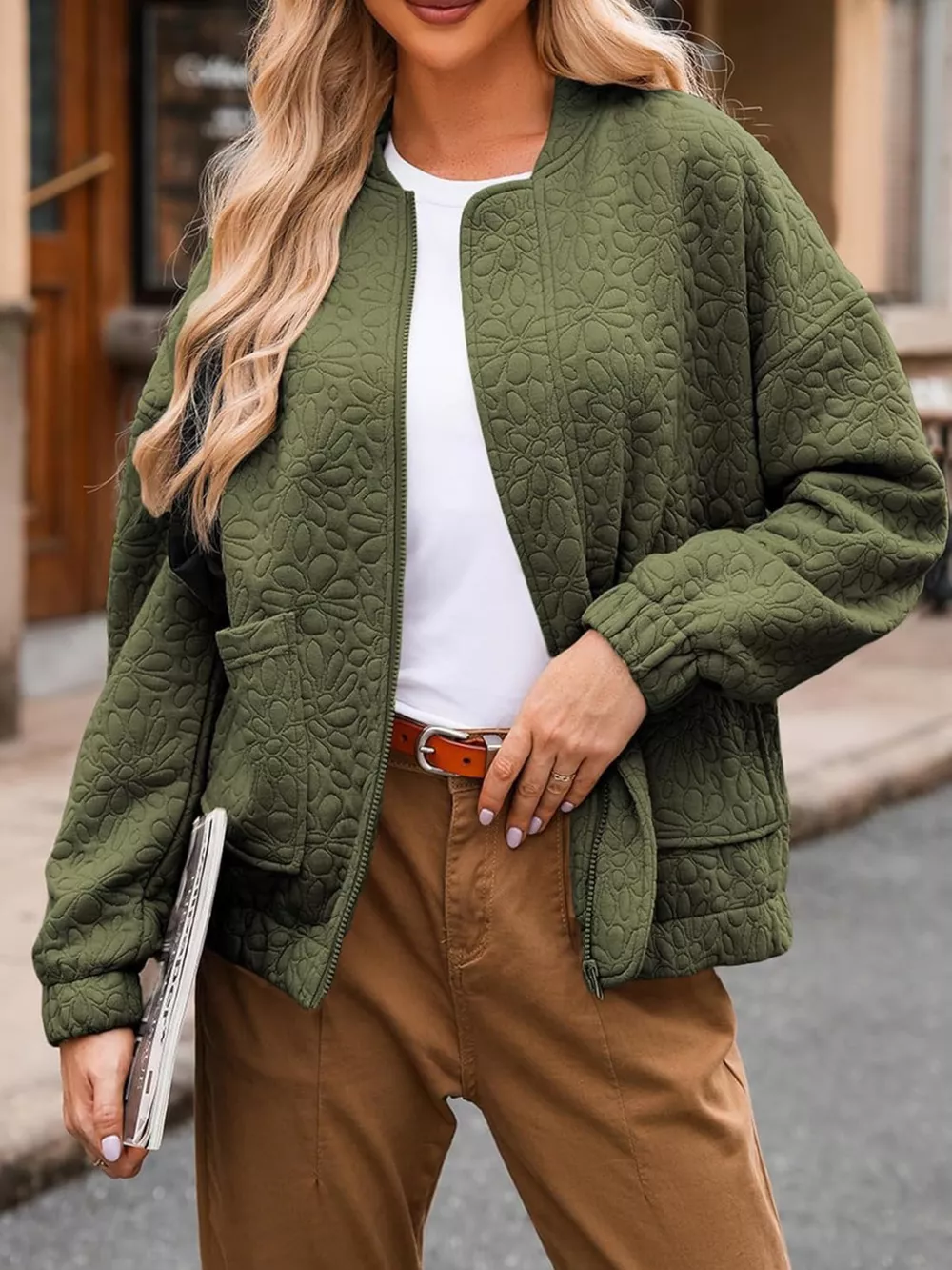 Full Size Floral Quilted Zip Up Jacket Plus Size, image 5