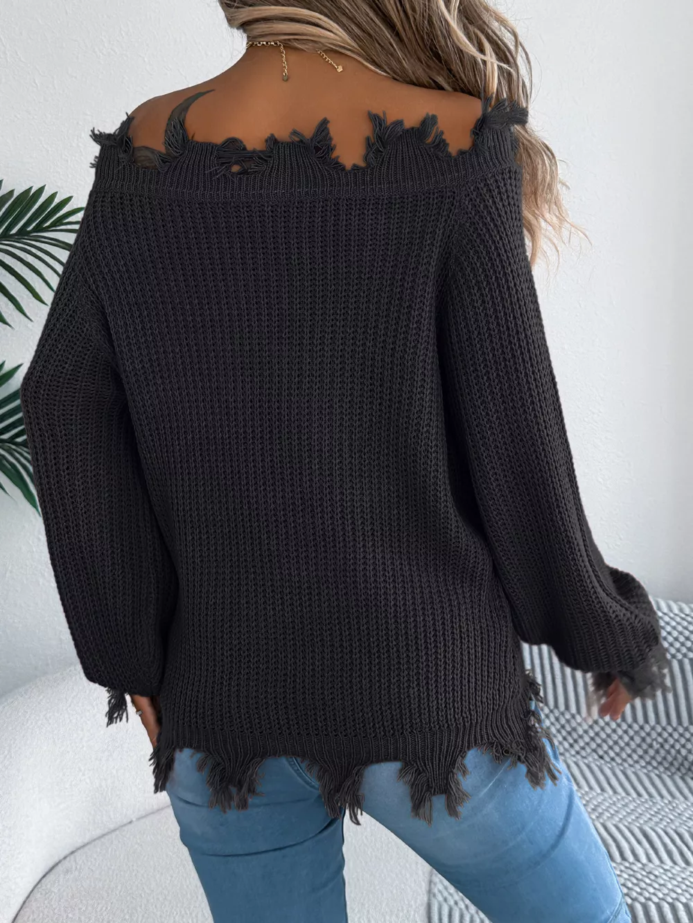 Distressed Hem Openwork Off-Shoulder Sweater, image 10