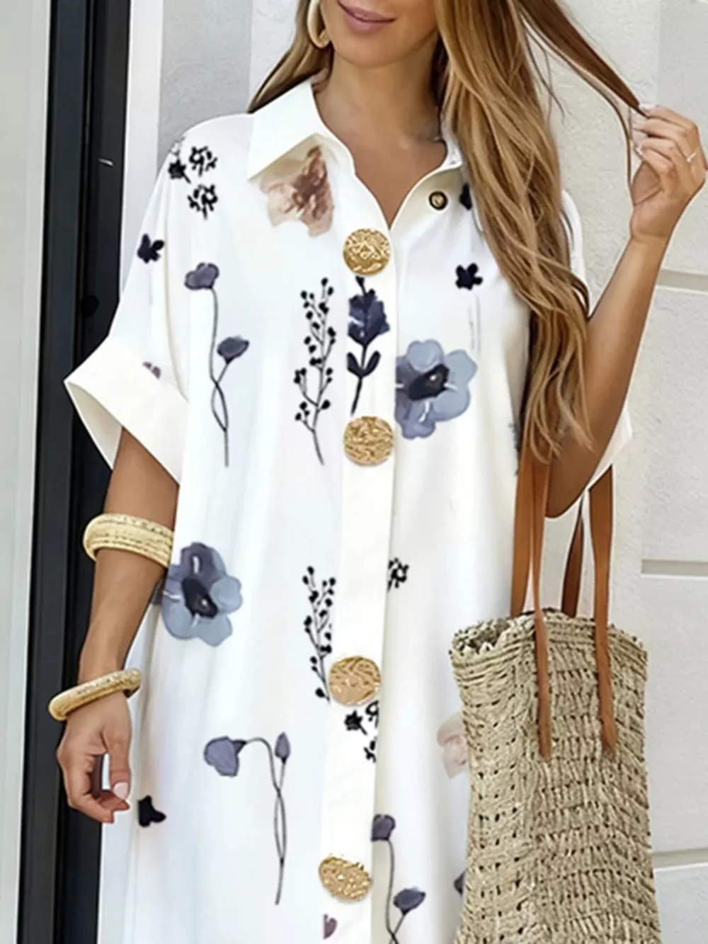 Floral Print Button-Down Maxi Shirt Dress, image 2