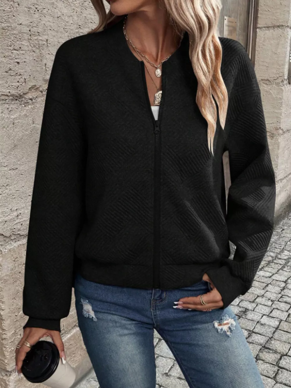Textured Knit Zip-Up Bomber Jacket, image 14