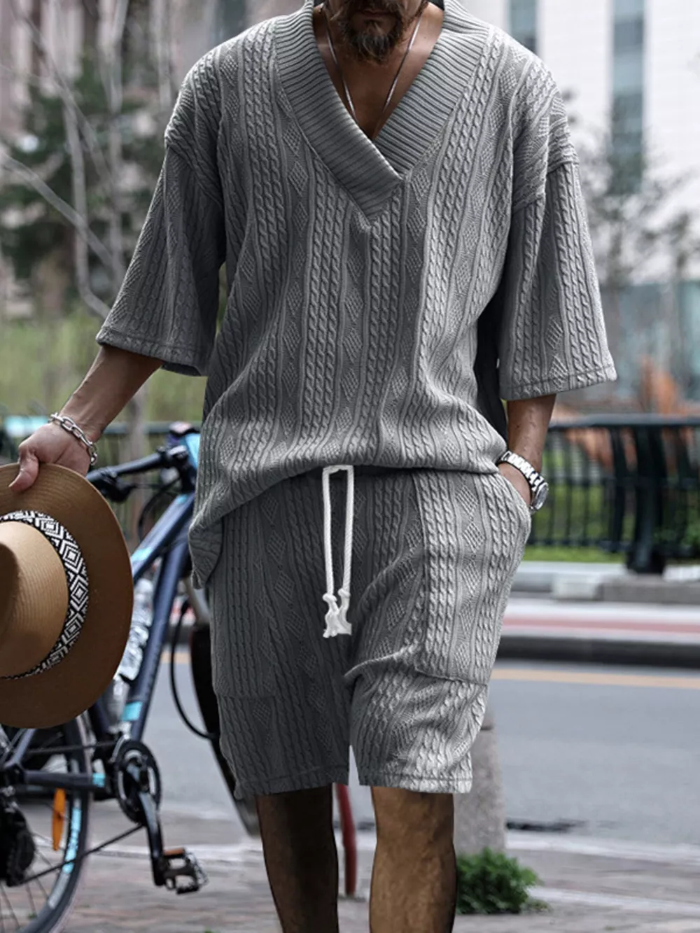 Men's Full Size Casual Knit V-Neck Short Sleeve Top and Shorts Set Plus Size, image 15