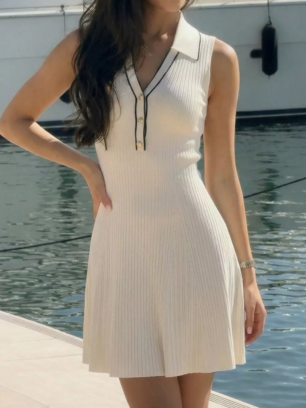 Sleeveless Ribbed Knit Polo Sweater Dress, image 4