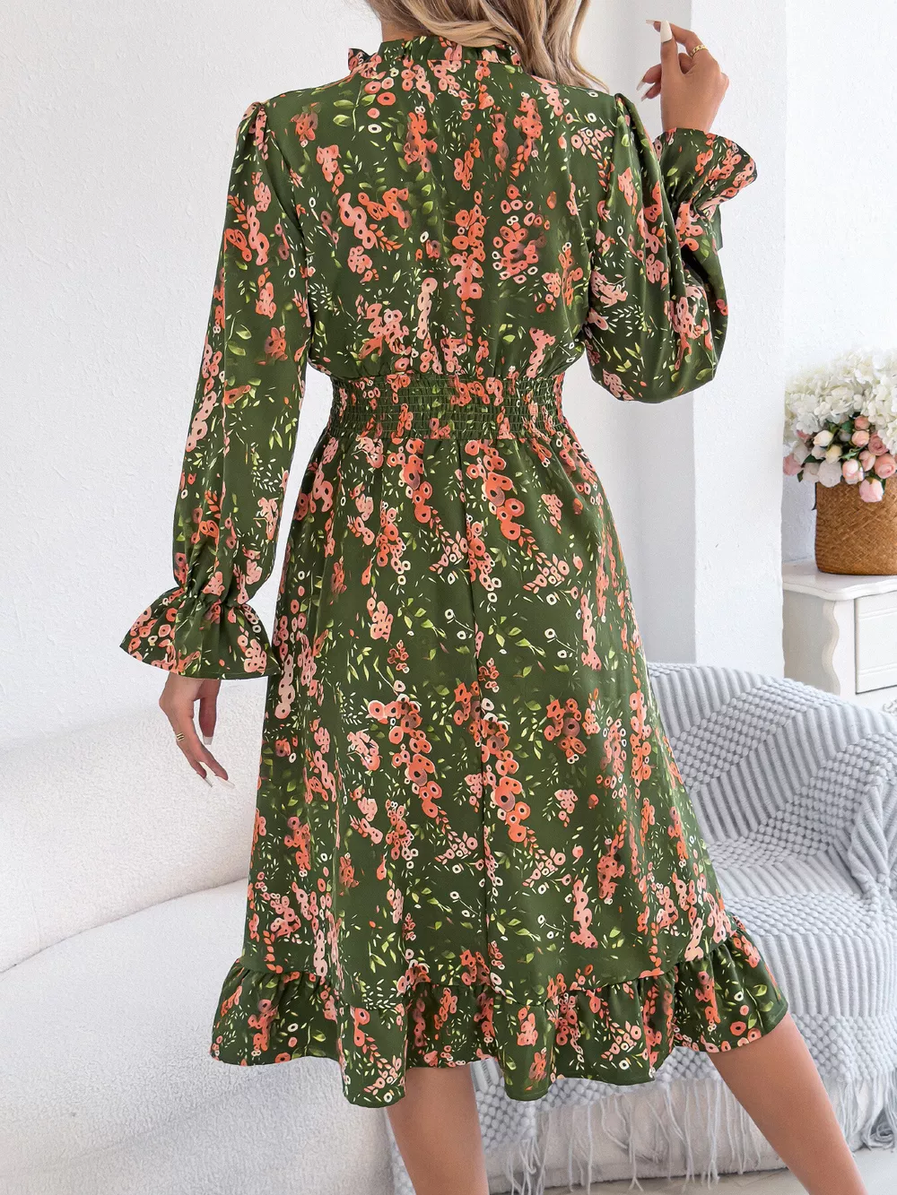 Floral Print Ruffle Hem Flounce Sleeve A-Line Dress, image 7
