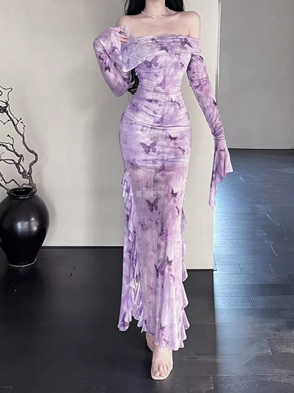Butterfly Print Off-Shoulder Mesh Mermaid Dress, image 9
