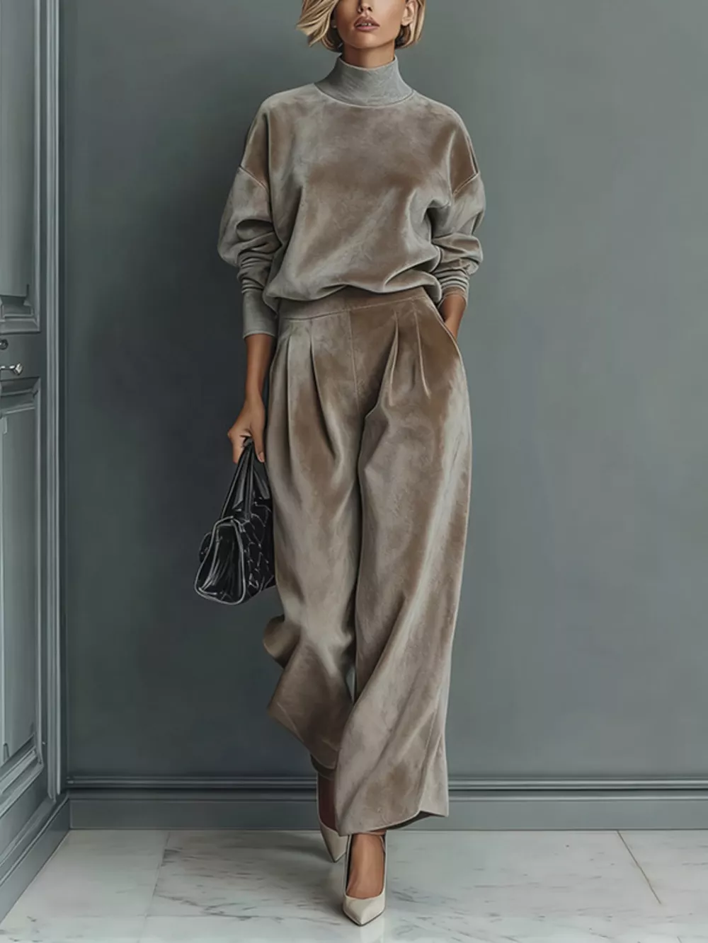 Full Size Elegant Velvet Mock Neck Long Sleeve Top and Wide-Leg Pants Set Plus Size, image 2