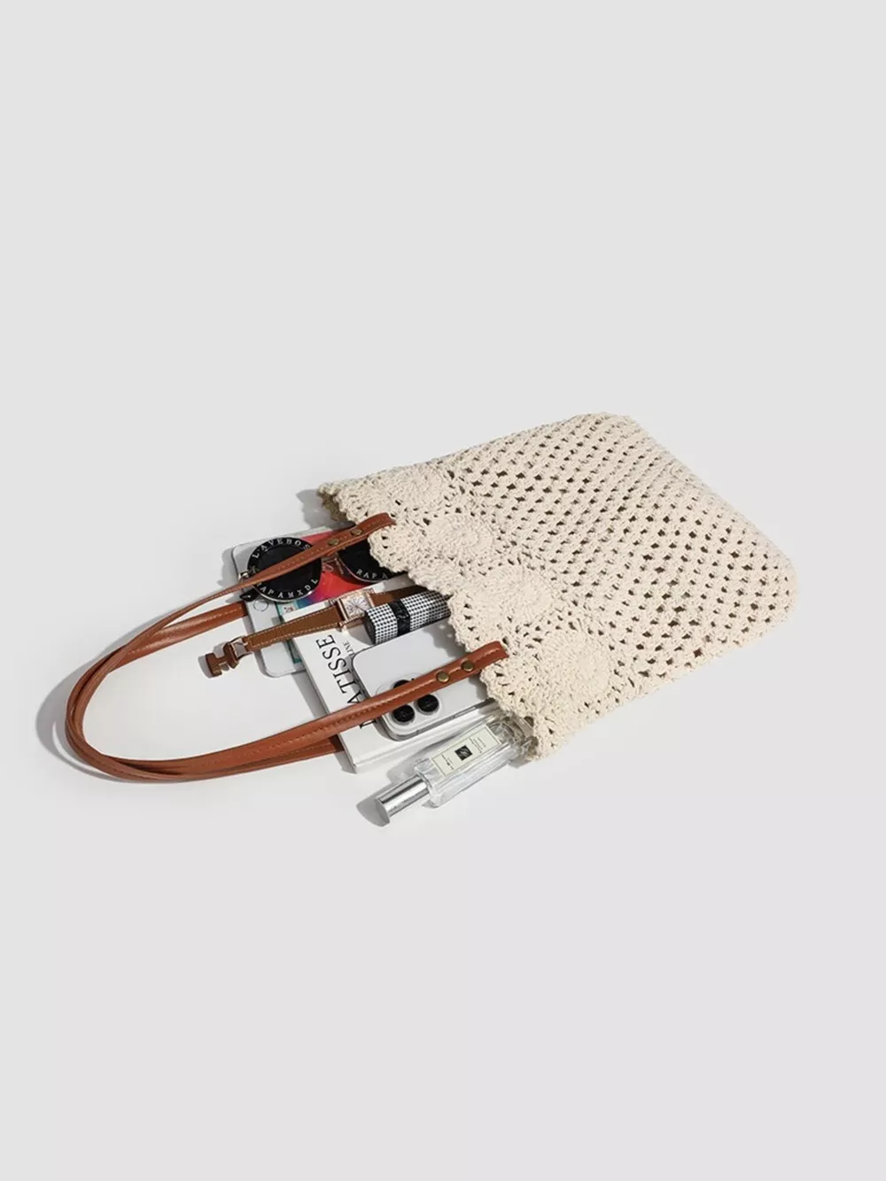 Bohemian Crochet Knit Tote Handbag with Leather Handles, image 6