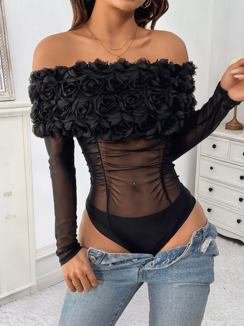 Flower Off-Shoulder Mesh Bodysuit