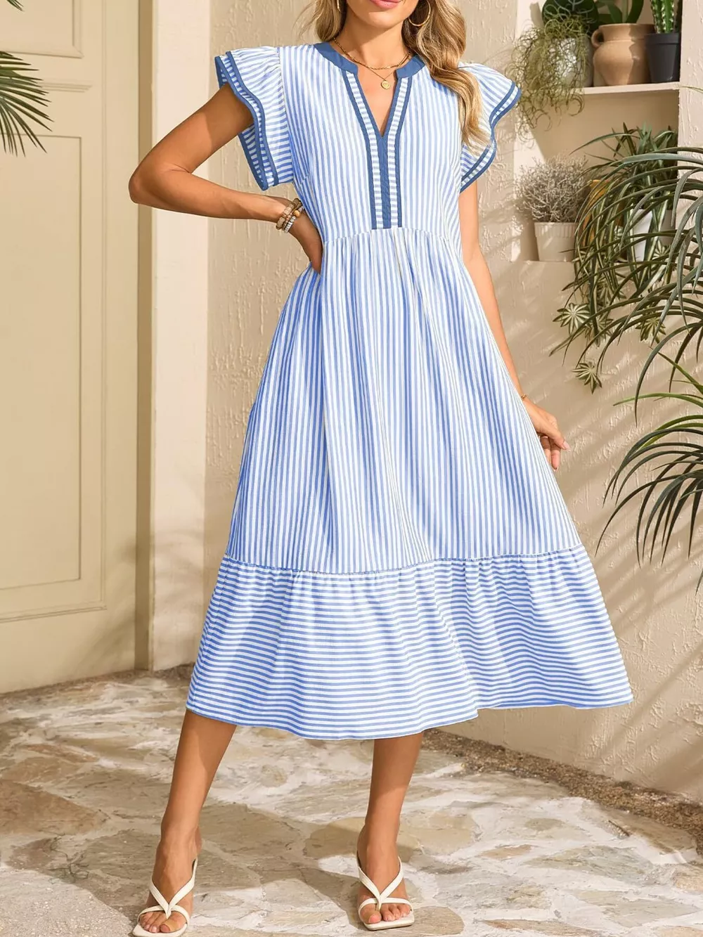 Striped Notched Ruffle Sleeve Dress, image 3
