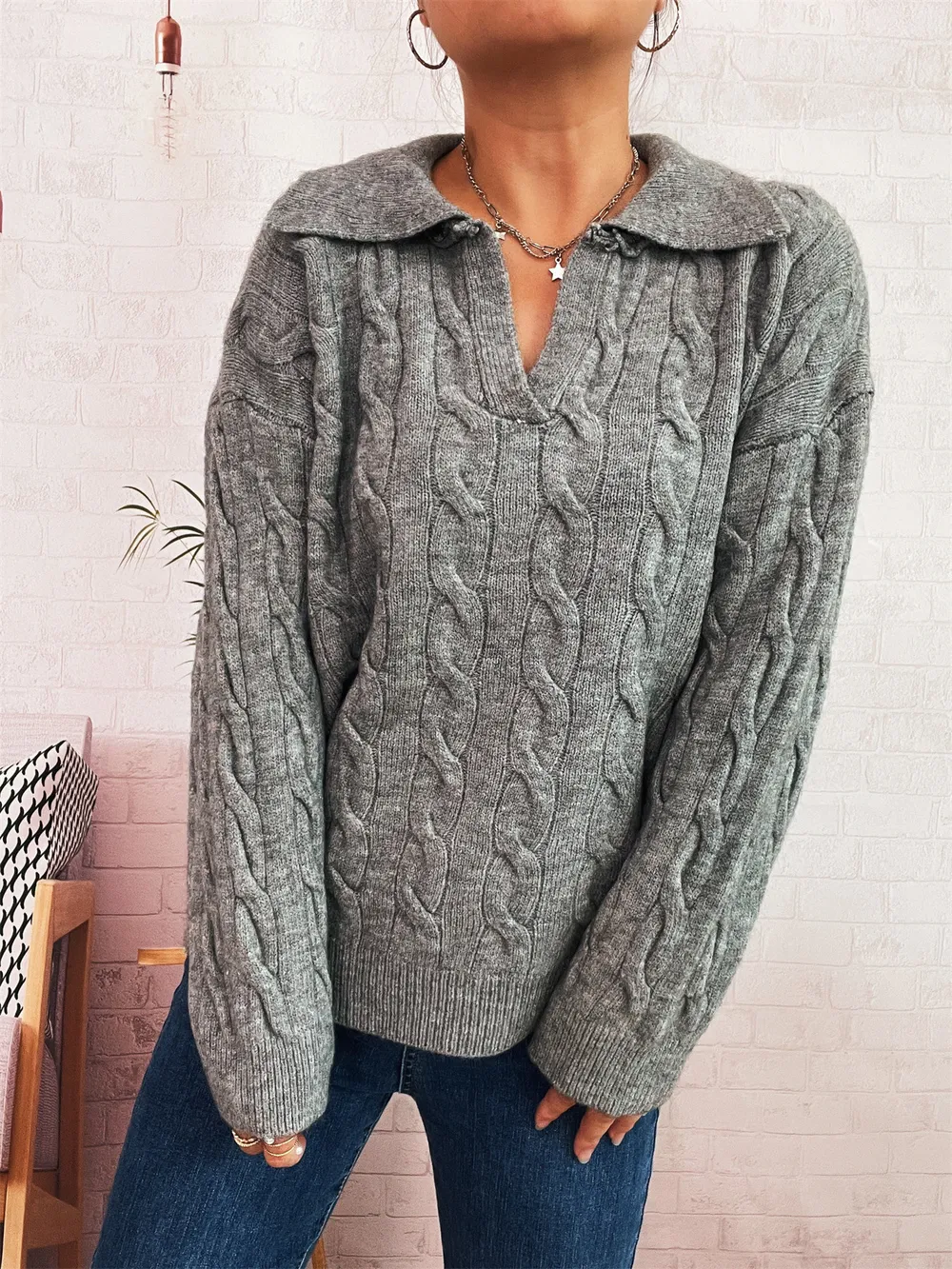 Cable Knit Johnny Collar Sweater, image 2