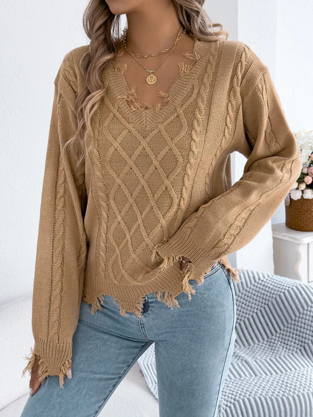 V-Neck Distressed Hem Cable Knit Sweater, image 13