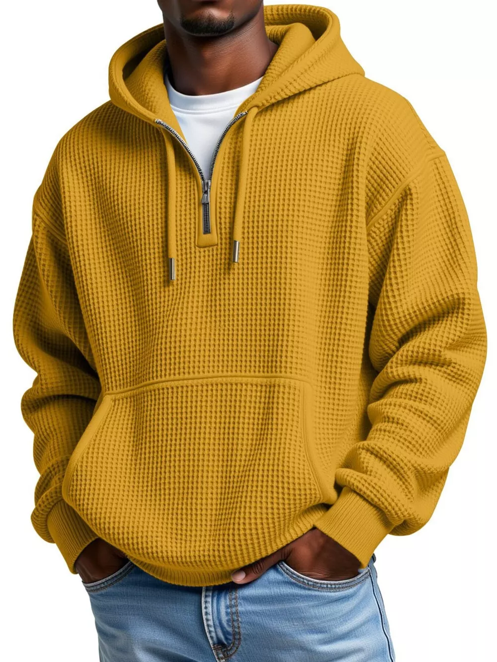 Men's Full Size Textured Waffle Knit Half-Zip Hoodie Plus Size, image 8