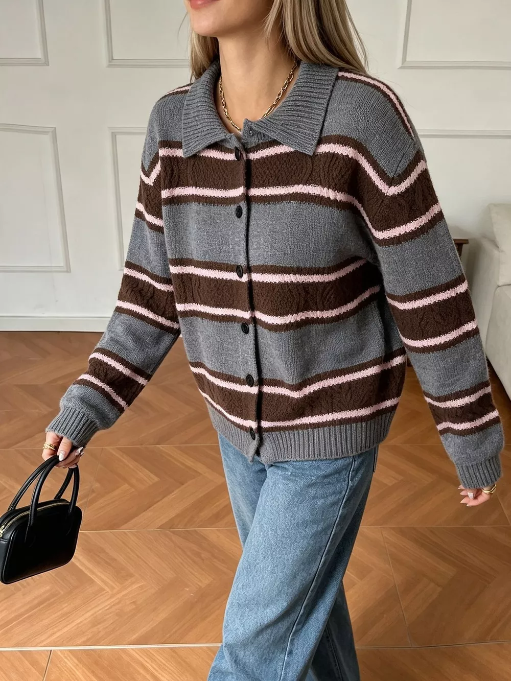 Vintage-Inspired Striped Knit Cardigan with Polo Collar, image 16