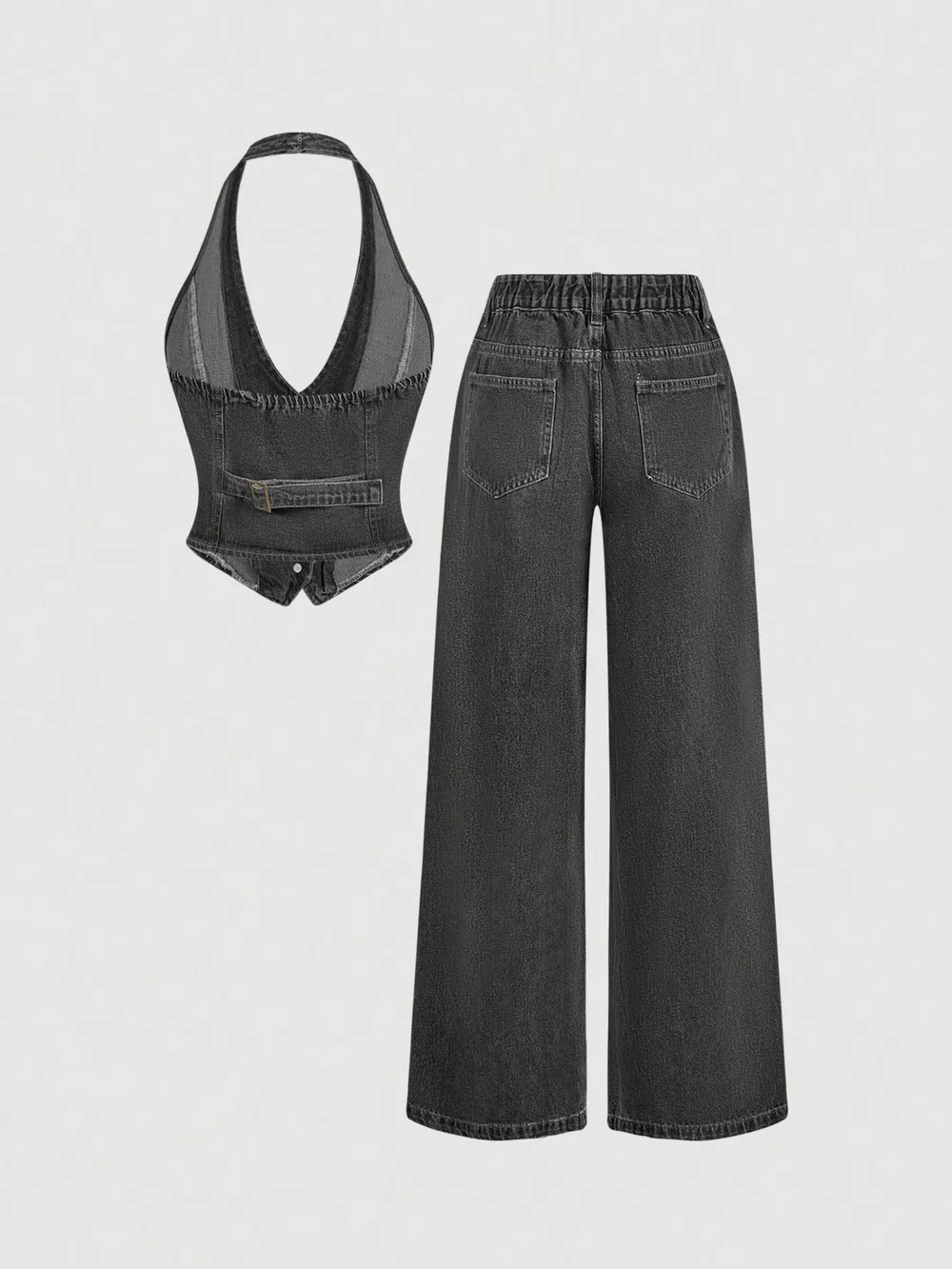 Halter Neck Denim Vest and Wide-Leg Jeans Set, image 10