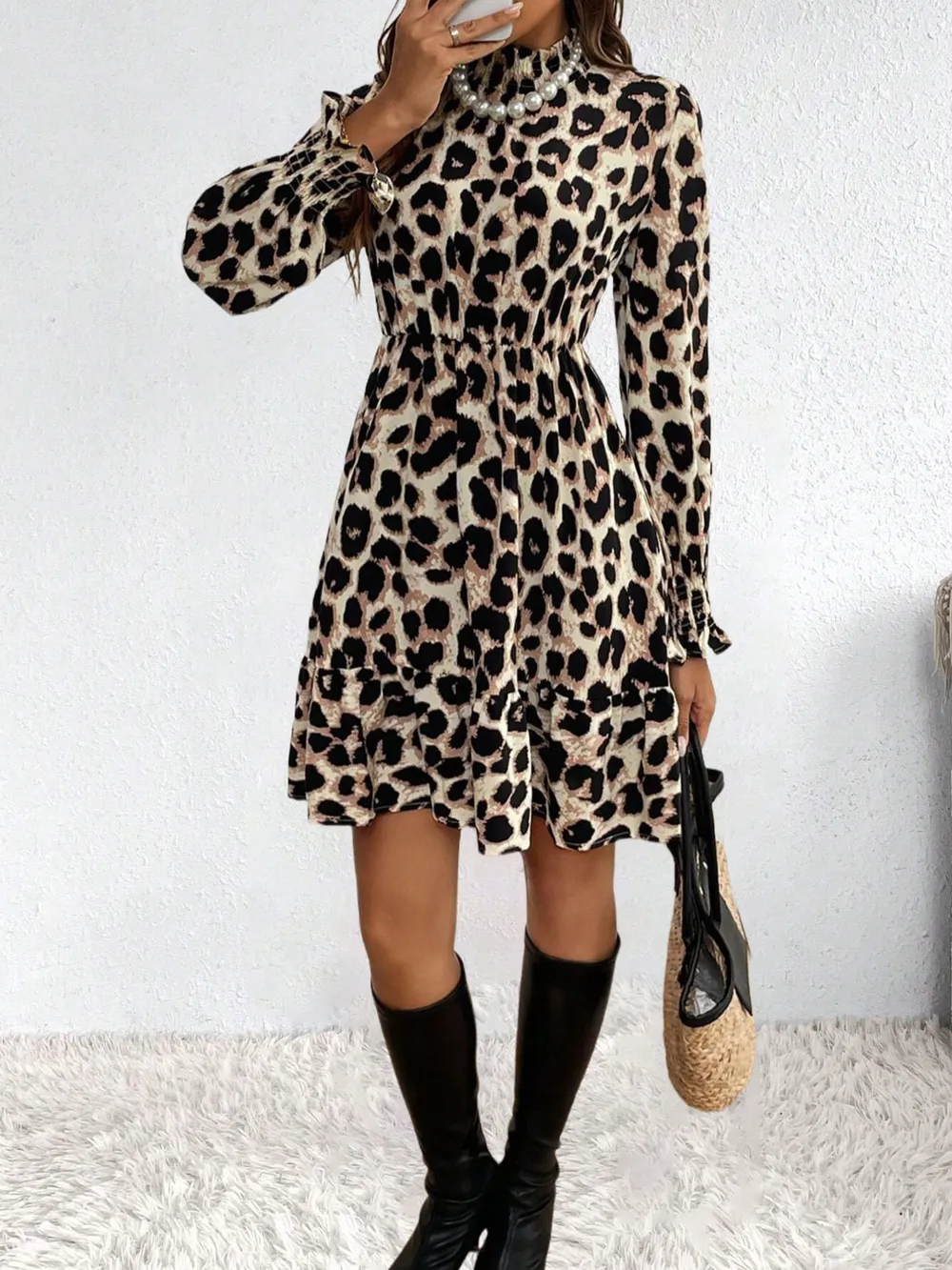 Leopard Print Long Sleeve Mini Dress, image 5