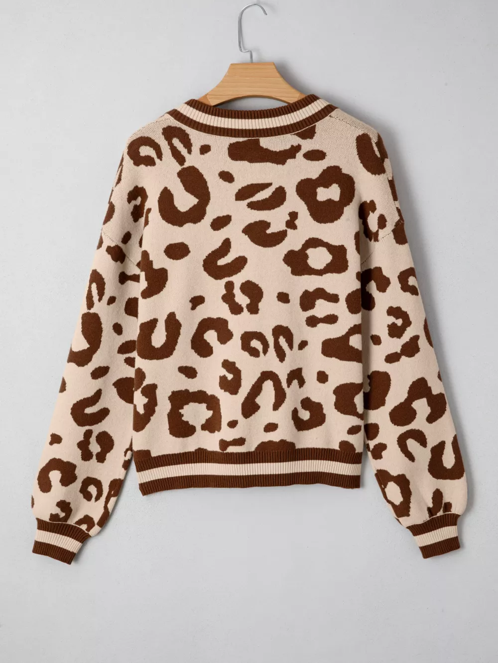 Leopard Knit Notched Casual Sweater, image 4