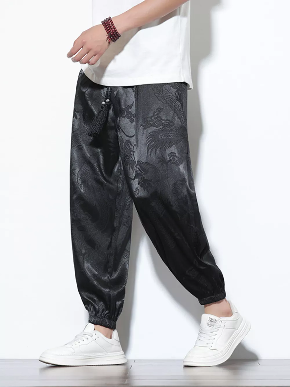 Men's Plus Size Dragon Pattern Silk Joggers, image 5