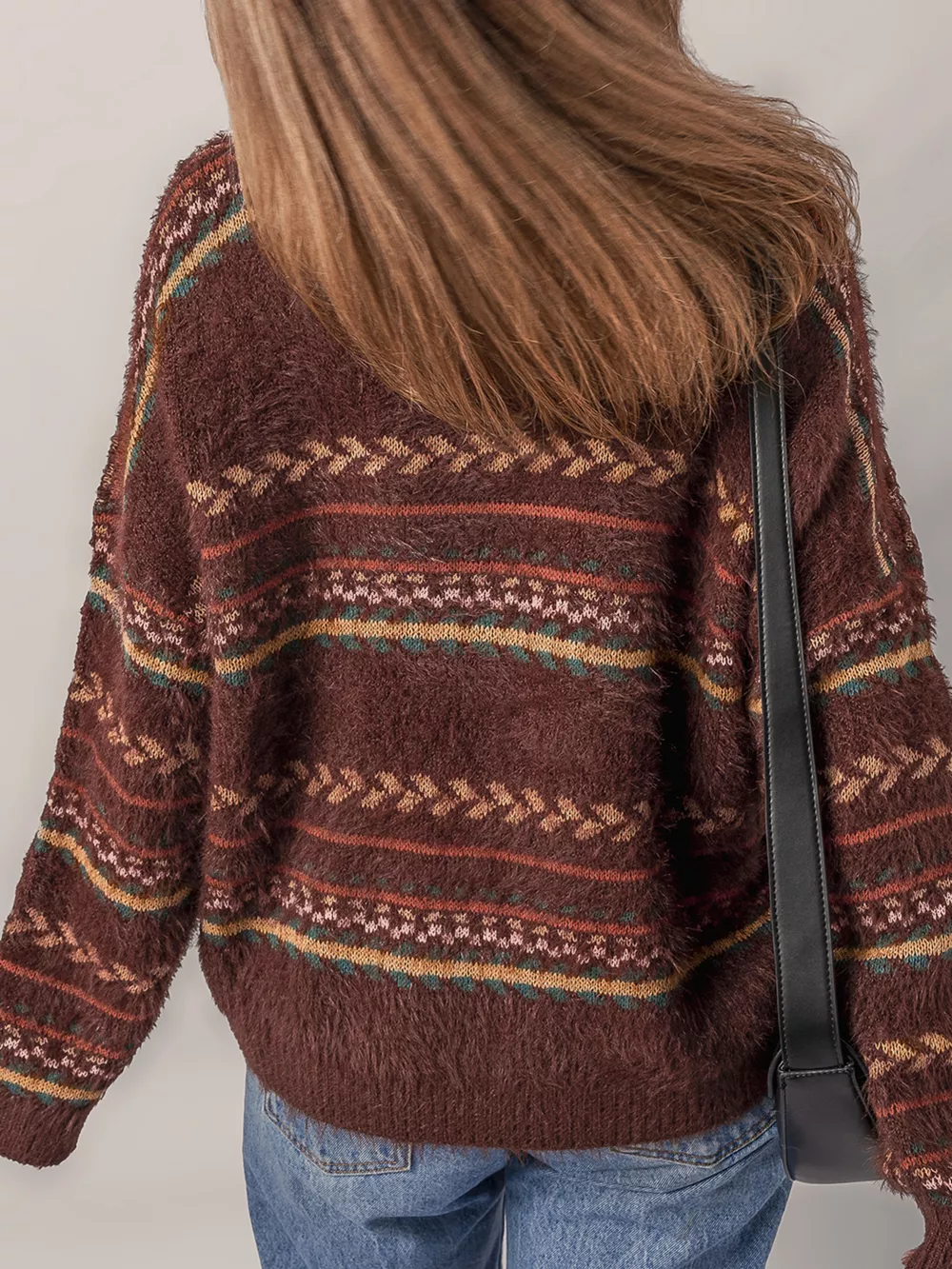Ethnic Pattern Mohair Knitted Drop Shoulder Sweater, image 4