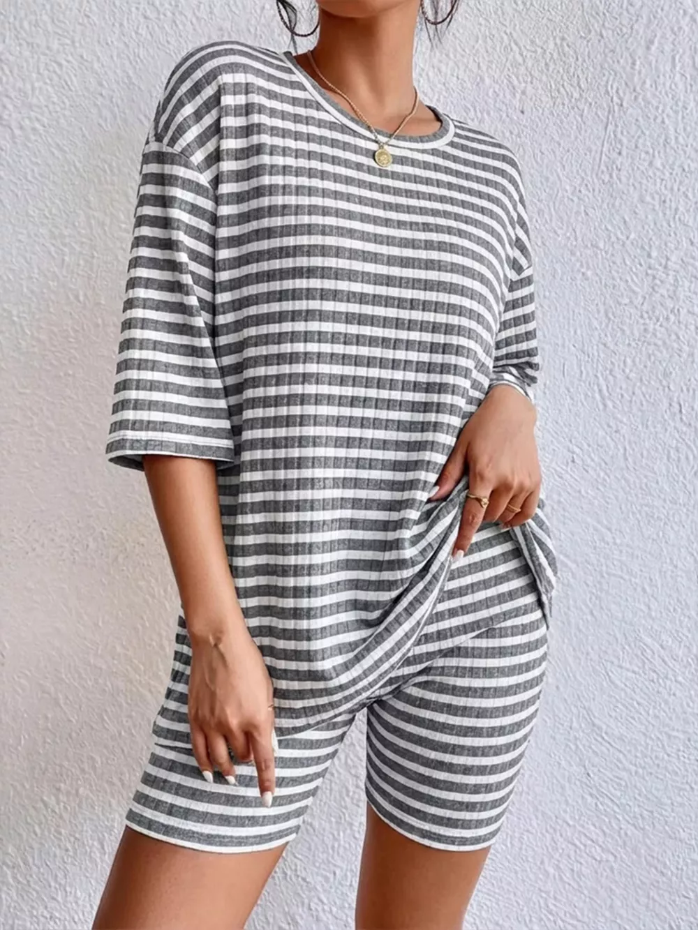 Striped Round Neck Top and Shorts Set, image 21