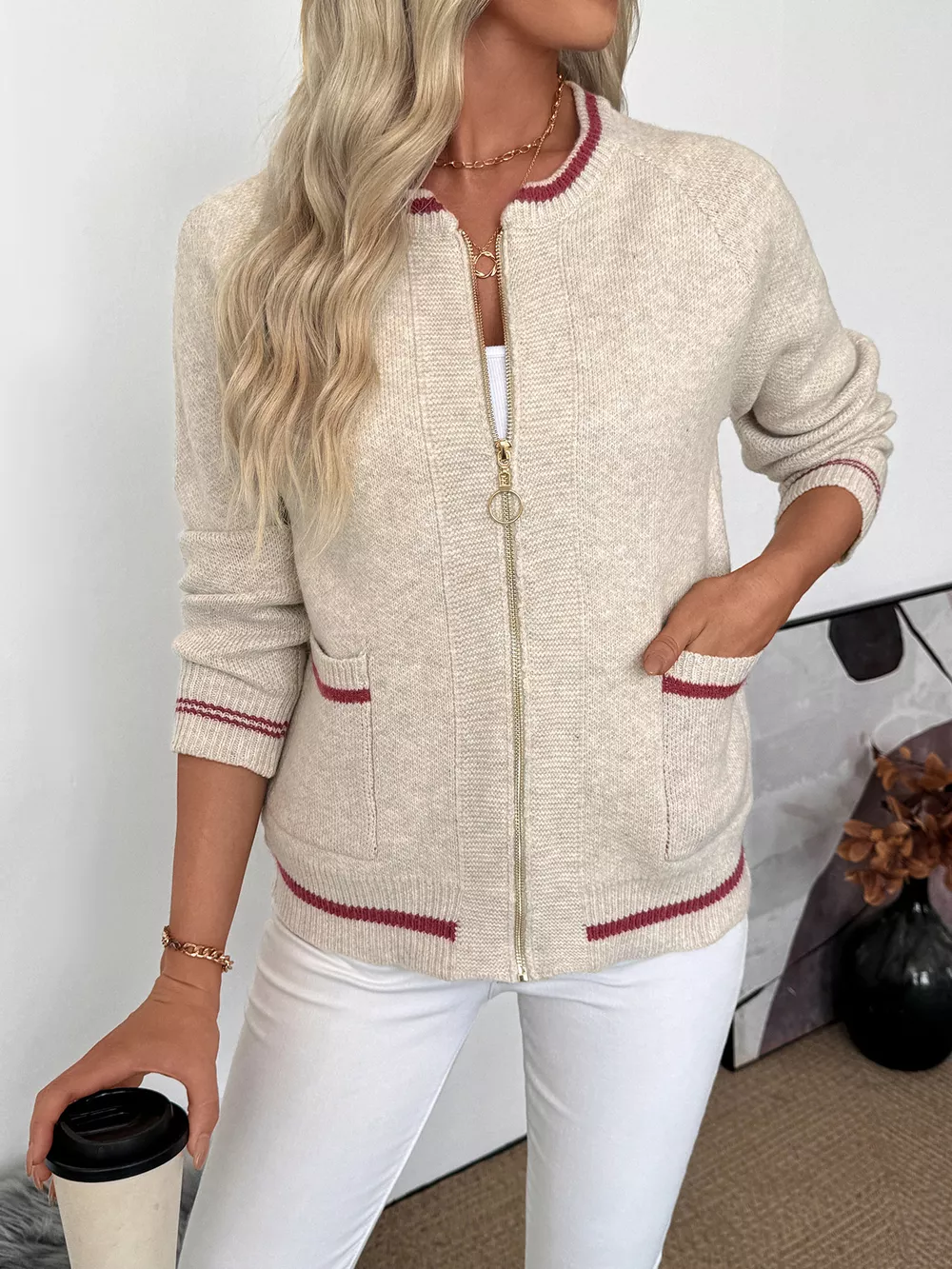 Zip Up Contrast Trim Cardigan, image 8