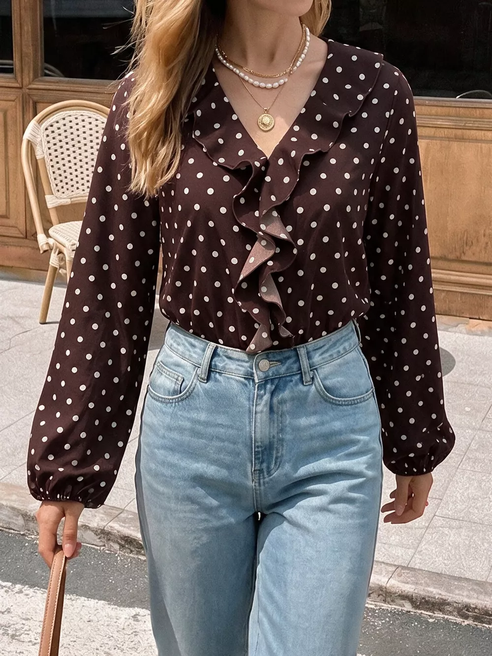 Polka Dot Ruffled V-Neck Bodysuit, image 2