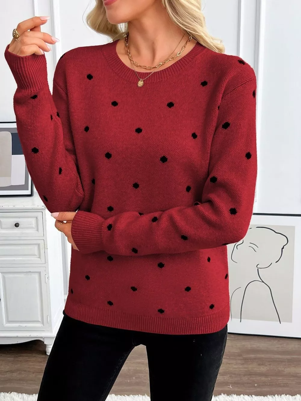 Polka Dot Crew Neck Sweater, image 8