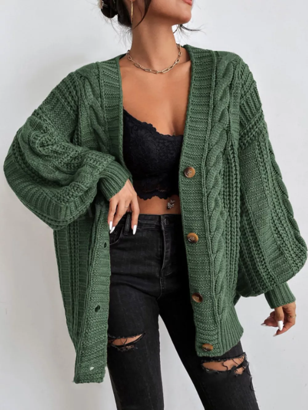 Cable Knit V-Neck Button-Down Cardigan, image 3
