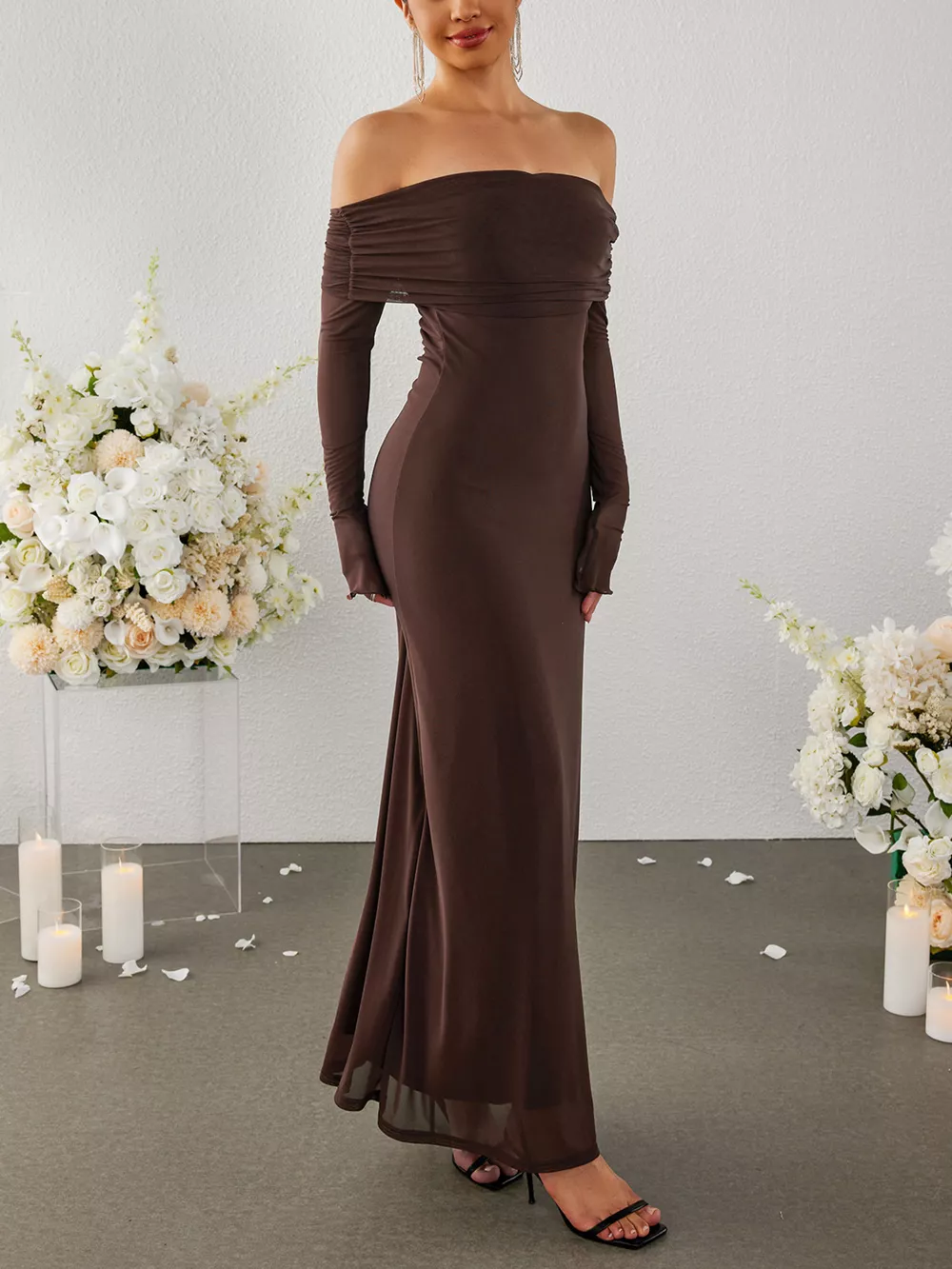 Off-Shoulder Ruched Long Sleeve Maxi Dress, image 23
