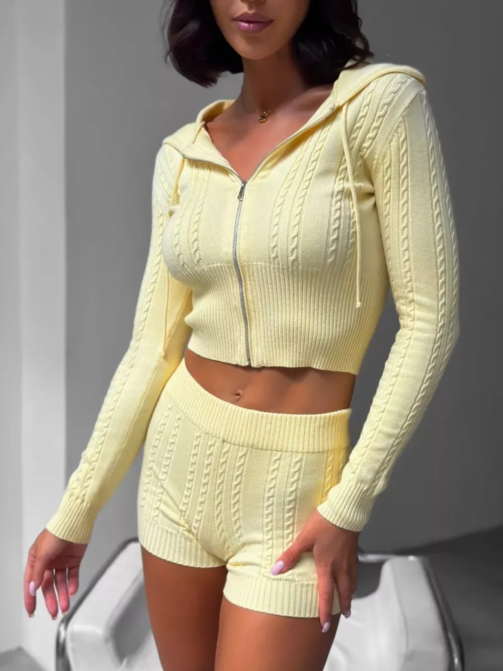 Cable Knit Zip-Up Hooded Top and Shorts Lounge Set, image 8