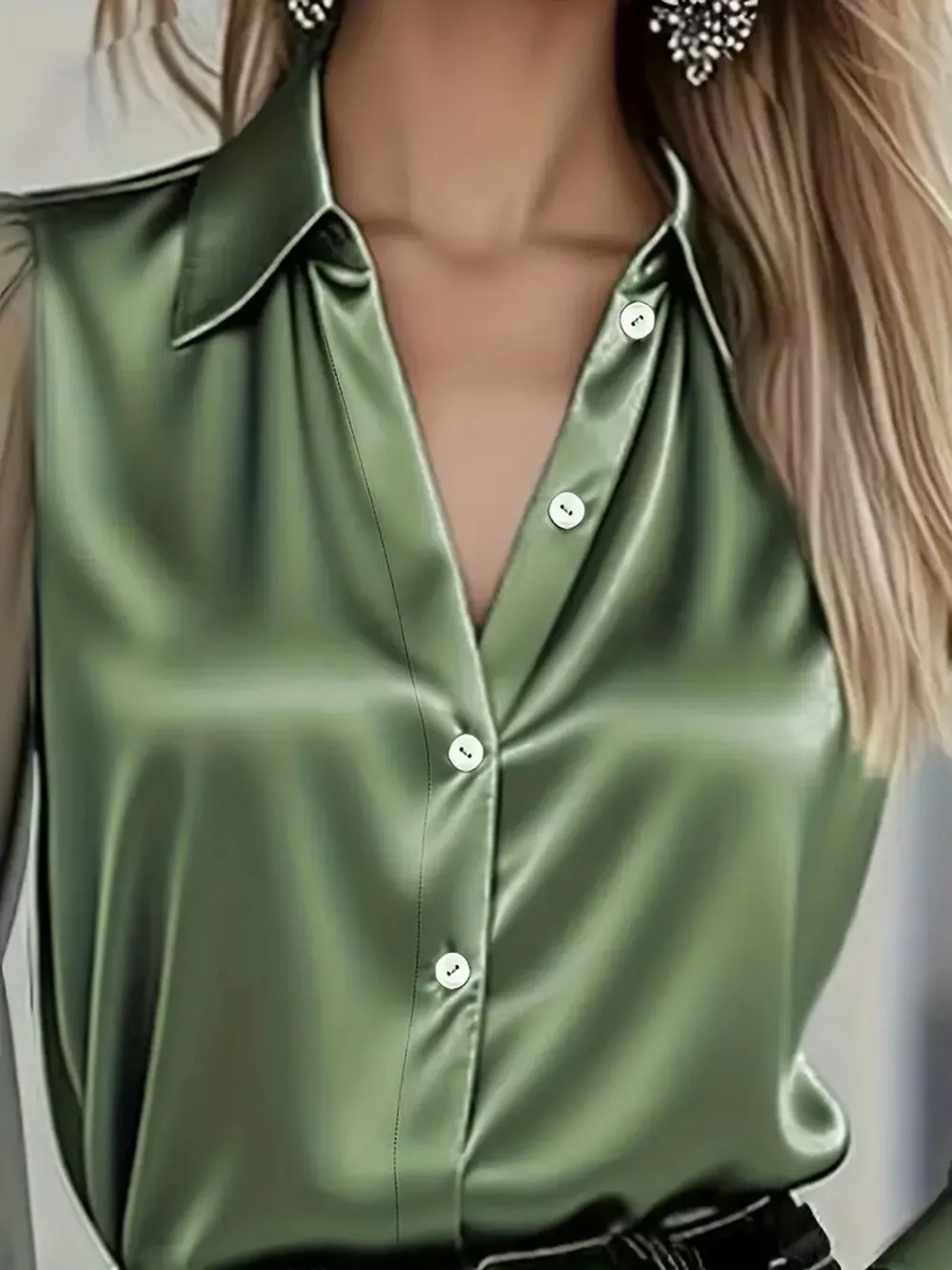 Satin Button Up Sheer Sleeve Shirt, image 5